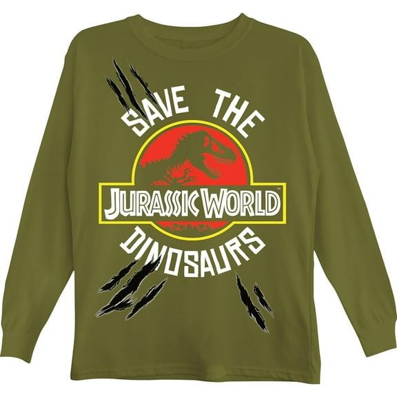 Jurassic Park Boys Jurassic World Long Sleeve Crewneck T-Shirt for Little and Big Boys Sizes 4-20 Military Green