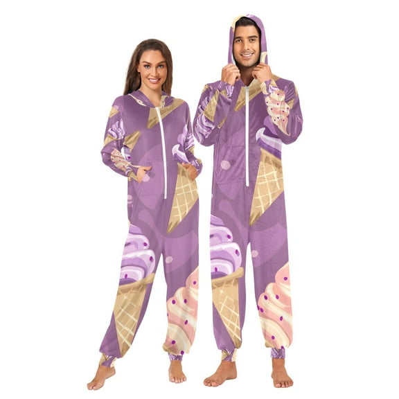Delicious Ice Cream Adult Onesie Pajamas Slim Fit Christmas One Piece Suit Pjs for Women and Men Hooded Zipper
