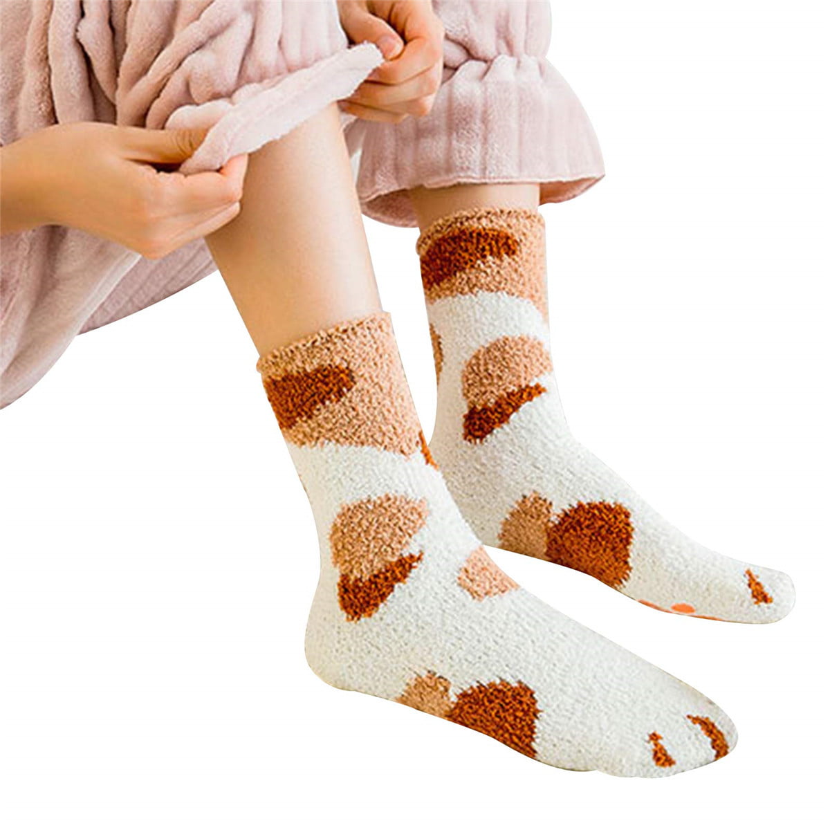 Women Warm Fuzzy Socks Embroidered Bow Cozy Crew Socks Bed Sleeping One Size