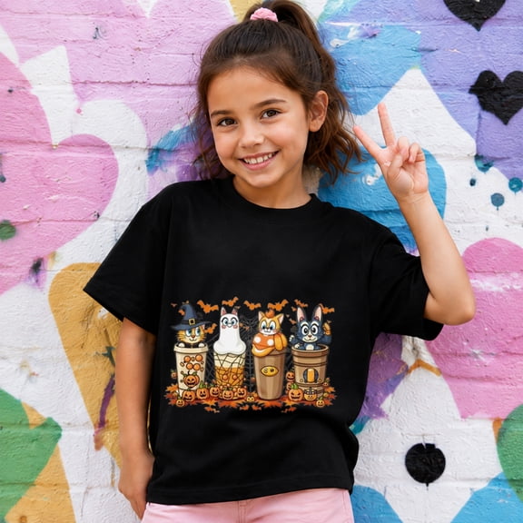 Girls Halloween Shirt for Kids, Fall Pumpkin Drink Graphic Short Sleeve Casual T-Shirt