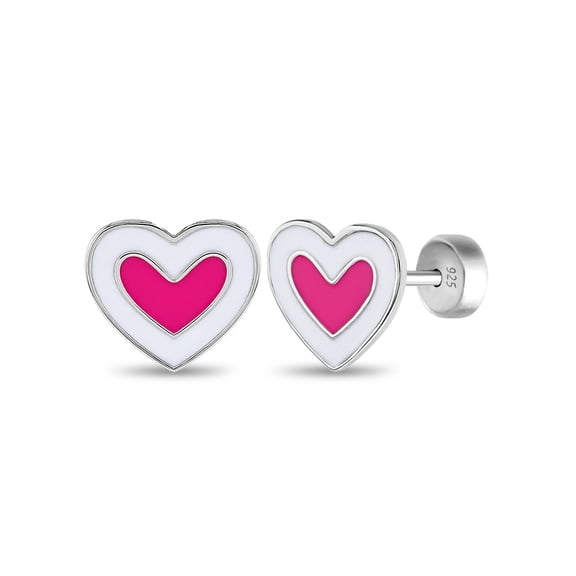 Hearts Baby / Toddler / Kids Earrings Safety Push Back Enamel - Sterling Silver