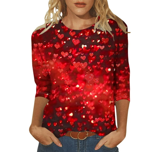 Tbopshirt Valentine's Day T-Shirts for Women 3/4 Sleeve Casual Crewneck Loose Graphic Tees Summer Plus Size Tops,S-XXXXXL