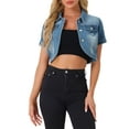thumbnail image 1 of Chaqueta de mezclilla recortada de manga corta con cuello vuelto para mujer INSPIRE CHIC, azul de mezclilla, talla XL, 1 of 6