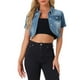 thumbnail image 1 of CHAQUETA DE JEAN CORTA DE DENIM LAVADO CON CUELLO CAÍDO Y MANGAS CORTAS PARA MUJER INSPIRADA EN CHIC, AZUL DENIM L, 1 of 6
