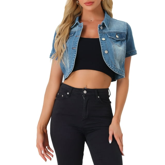 CHAQUETA DE JEAN CORTA DE DENIM LAVADO CON CUELLO CAÍDO Y MANGAS CORTAS PARA MUJER INSPIRADA EN CHIC, AZUL DENIM L