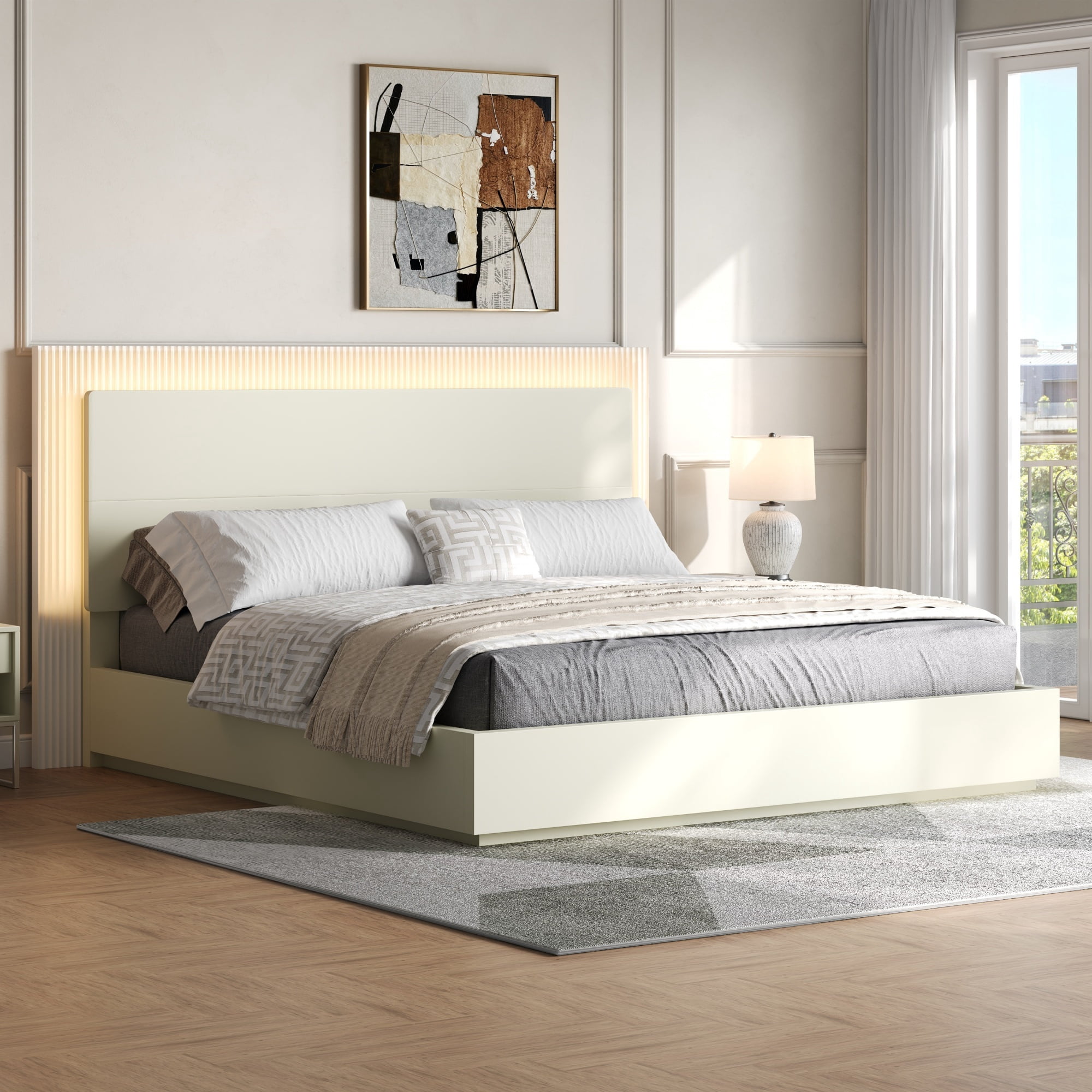 Euroco Wood King Size Platform Bed with LED Light Headboard, No Box Spring Needed, White