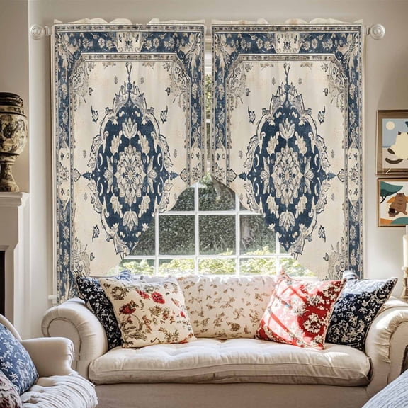 Vintage Farm Swag Curtain Valance for Windows, Dark Blue Flower Bohemian Style Farmhouse Window Treatments Short Swag Topper for Kitchen Windows Bathroom Bedroom, 36"x63"