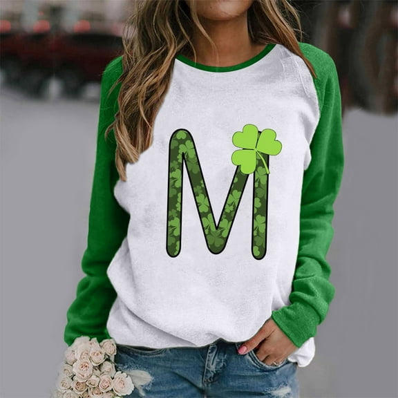 Lilgiuy Women Fashion O-Neck Saint Patrick Print Long Sleeve T-Shirt Long Sleeve Splicing Top for Fishing Hiking Climbing