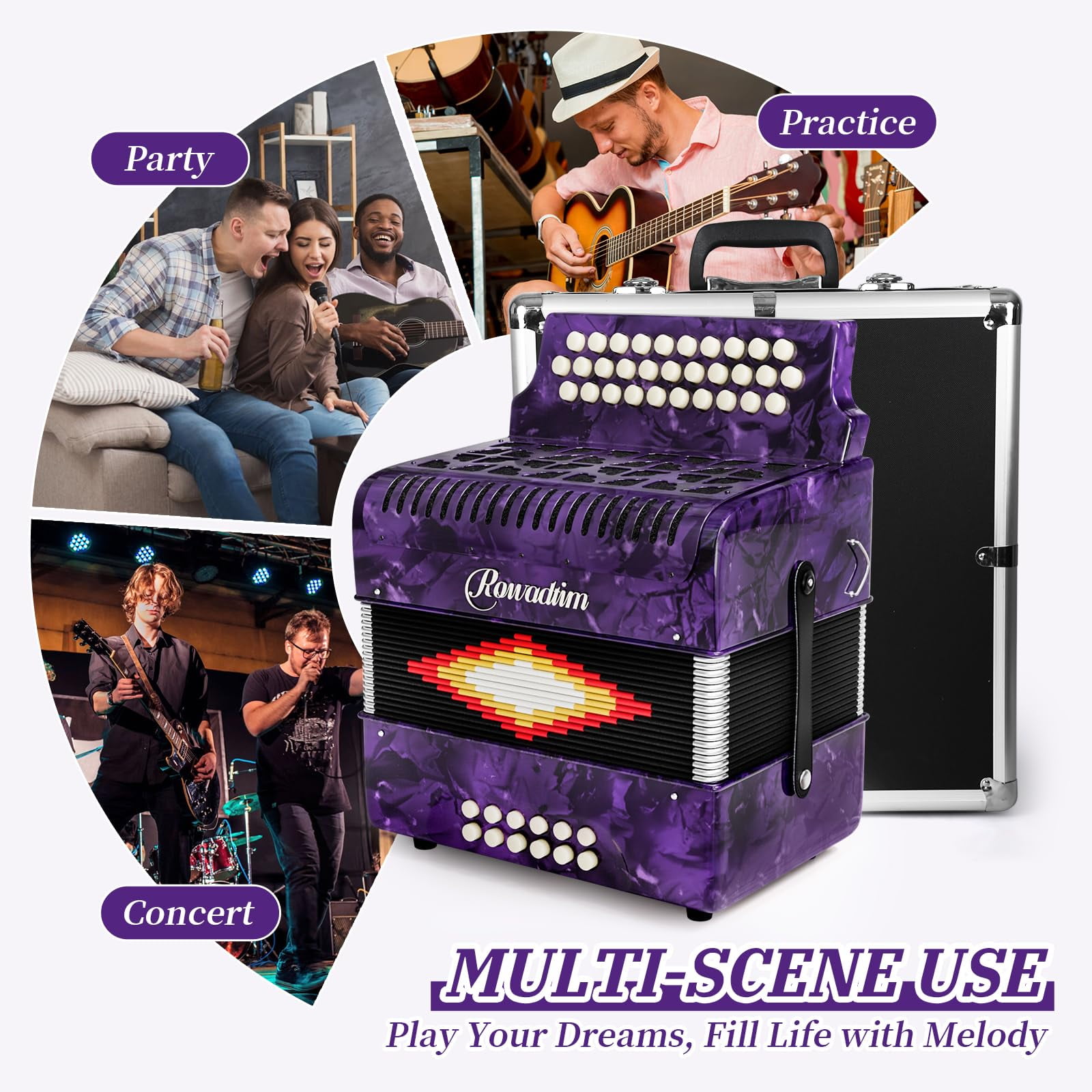 Rowadtim Accordion - 31 Keys, 12 Bass Professional Diatonic, Premium Portable Button Accordion for Adults & Beginners with Thick Protective Case (Purple)