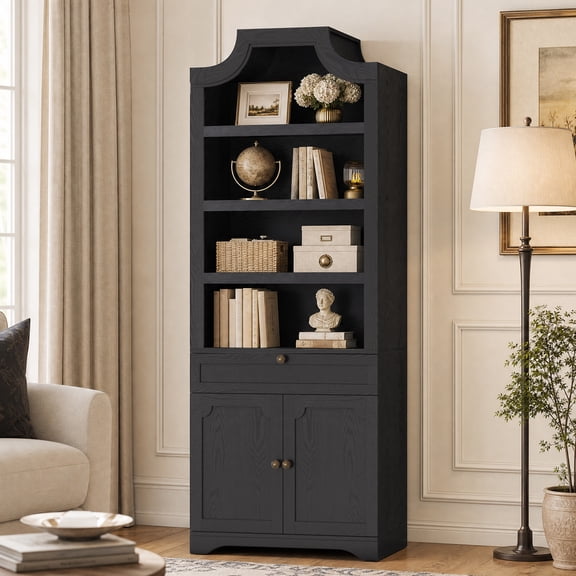 Angrywin 81" Arched Bookcase, 7-Tier Black Bookshelf with Drawer, Adjustable Shelves & Cabinet Doors for Living Room Office