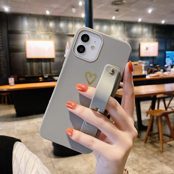 Compatible with iPhone 14 Pro Case Soft Liquid Silicone with Stand Holder Love Gold Heart Pattern Ultra Slim Shockproof for Woman Hand Strap Kickstand Protective Cover Case, 6.1 Inch, Gray