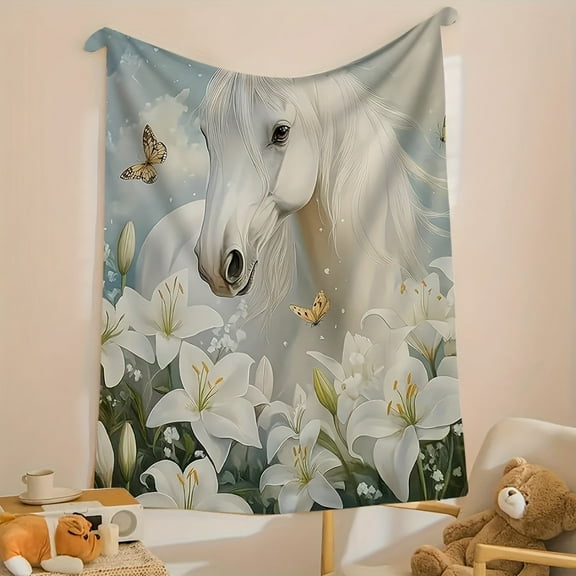 1pc Ultra-Soft Flannel Blanket with White Horse & Floral Design - Warm All-Season Throw for Camping, Sofa, Bed, Office - Machine Washable, Versatile Indoor/Outdoor Decor, Perfect Gift, Blanket for Be