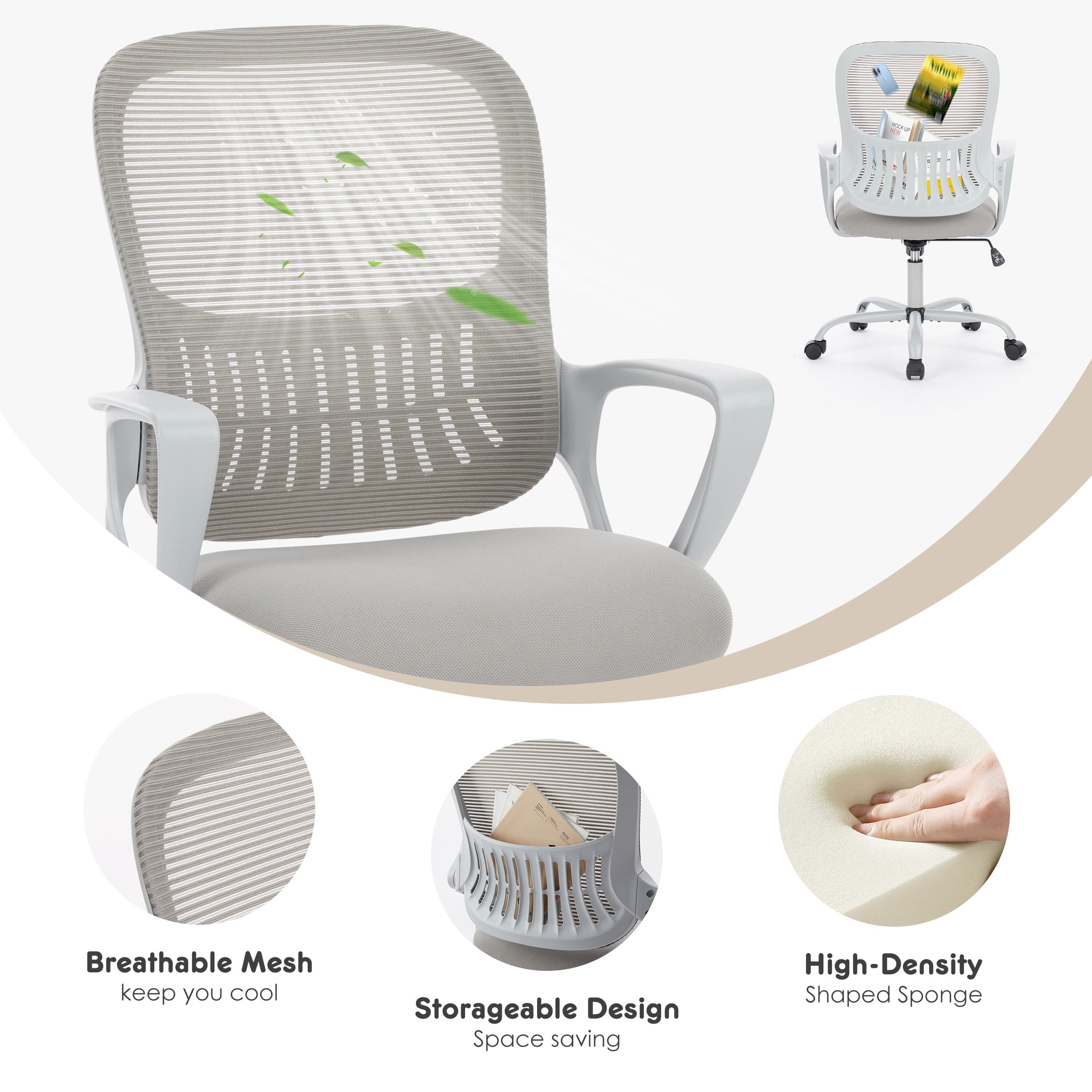 Gianna Ergonomic Mid-Back Mesh Desk Chair with Plush Armrests and Cushion for Home Office Comfort, Gray
