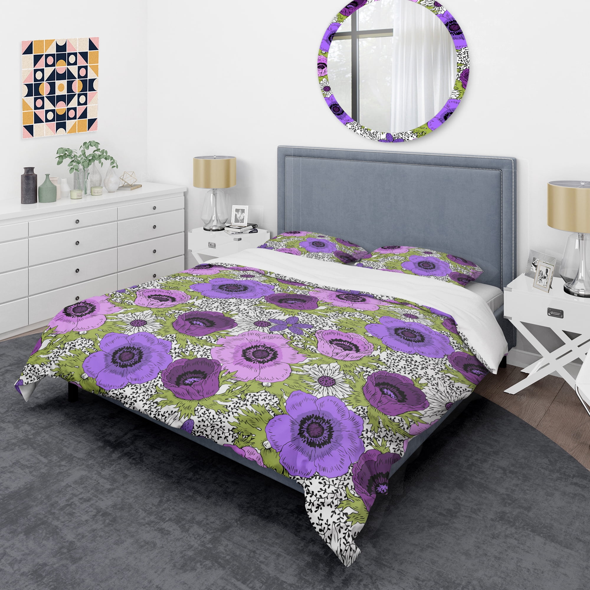 Designart 'Purple Retro Fantasy Flowers' Mid-Century Modern Duvet Cover Set