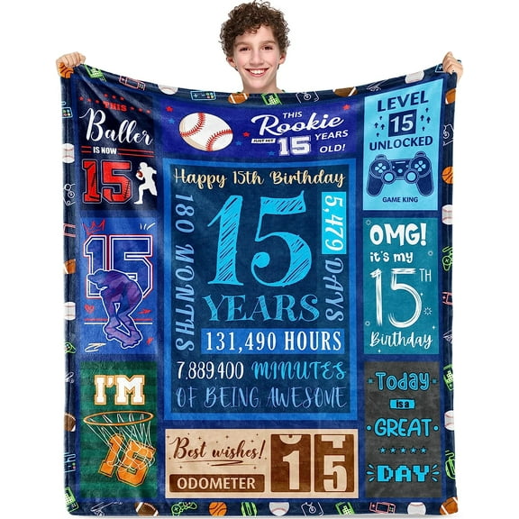 LHSHID 15th Birthday Blanket Gifts for Boys Soft Flannel Throw Blanket for Kids 15 Year Old Boys Birthday Gift Ideas Happy 15th Birthday Party Decorations Blanket 30"x40"