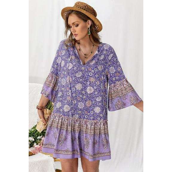 Plus Size Floral Print Flounce Sleeve Ruffle Hem Smock Dress (S, Purple)