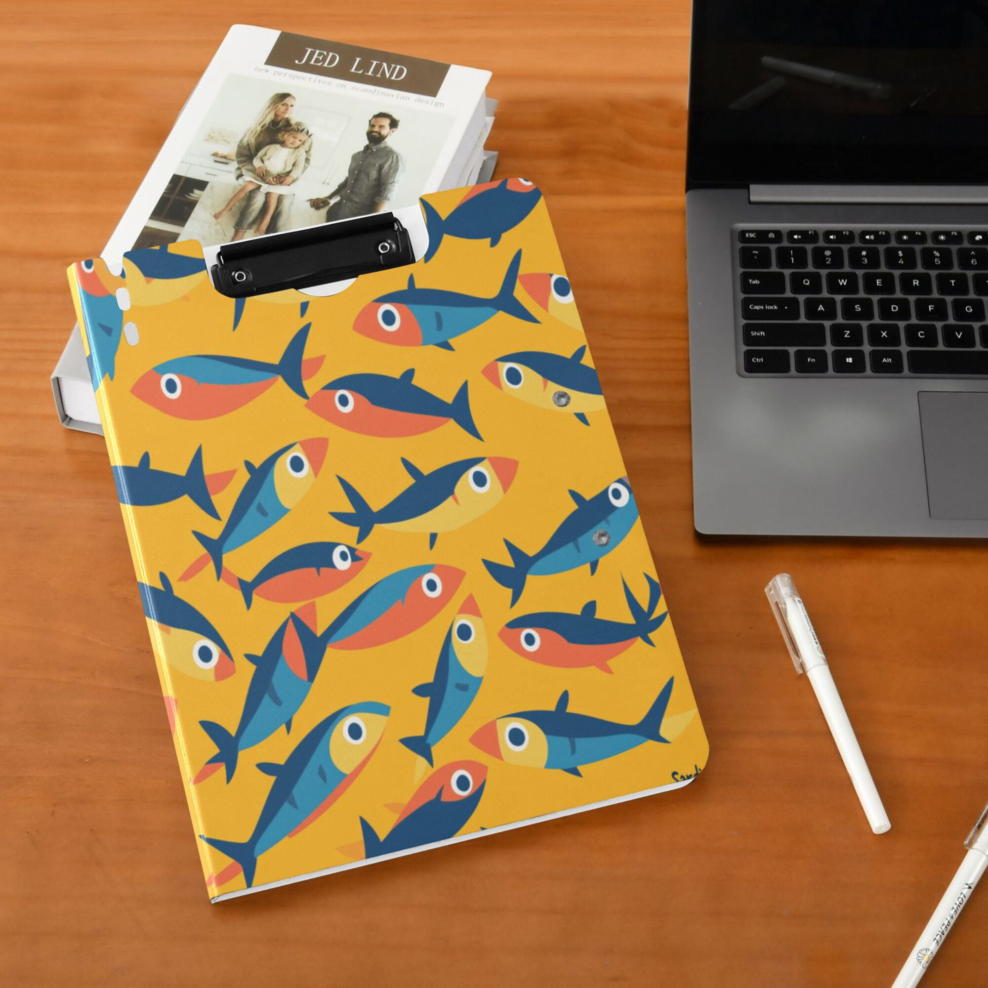 FORMRS A4 Clipboard Folder with Pen Holder Horizontal Foldable School Office Binder, Yellow Sardines Pattern