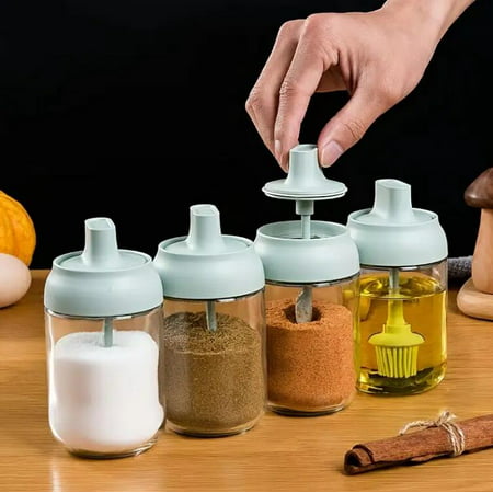 

1pc Seasoning Box Spice Jar Salt Sugar Glass Condiment Pot Transparent Storage Container With Spoon Olive Oil Bottle With Brush Sealed Against Moisture