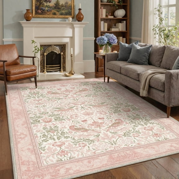 GENIMO 8'x10' Rug for Living Room, Large Machine Washable Non Slip Low Pile Area Rug for Bedroom Dining Room, Art Style, Dusty Blush