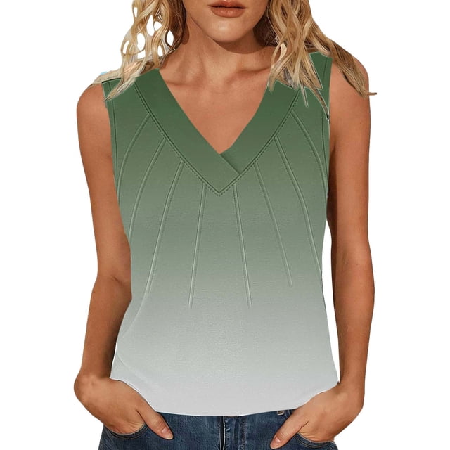 Mujeres sin mangas Tops de verano gradiente color fuera de posición impresión V-cuello blusa casual Mujeres V-cuello de verano Tops