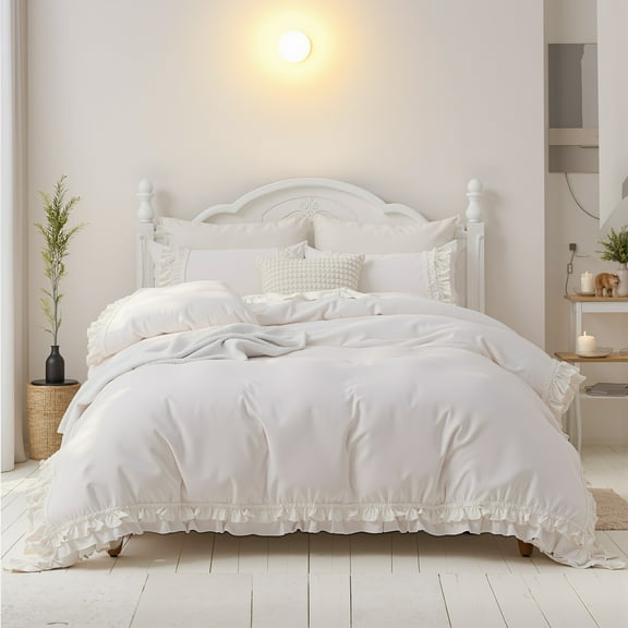 100% Cotton Ruffled Duvet Cover Set Queen, White Shabby Chic Farmhouse Bedding Set French Country Cute Comforter Cover