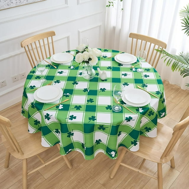 St Patrick''s Day Round Tablecloth 60 Inch Shamrock Green White Buffalo Plaid Table Cloth - Circle Polyester Fabric Irish Clover Table Cover Washable Waterproof for Spring Holiday Party Picnic Kitchen