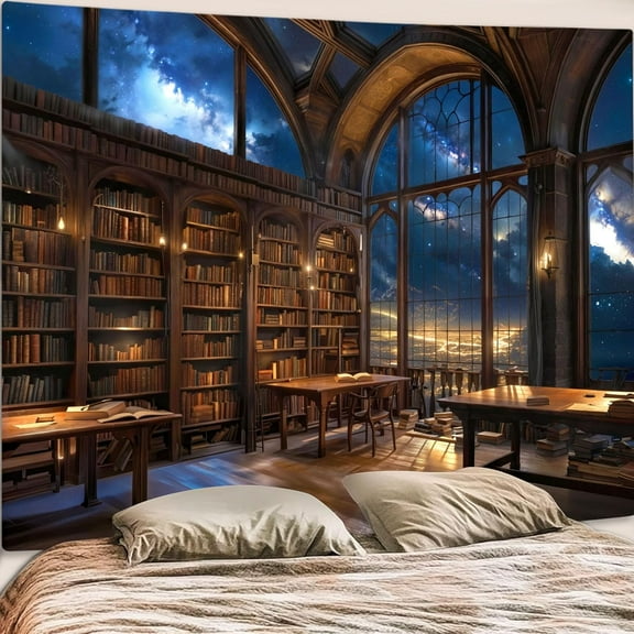 Gojian Forest Library Tapestry Tree Bookshelf Tapestries Wall Hanging Vintage Fantasy Fairy Treehouse Book Tapestry for Bedroom Living Room Dorm Classroom
