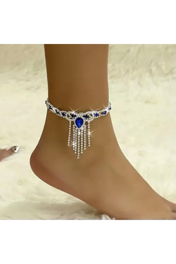 sparkling tassels paired with blue rhinestone ankle chains women's foot jewelry-Blue A