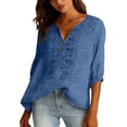 thumbnail image 5 of dgysar Womens Linen Button Blouse, 3/4 Sleeve V-Neck Casual Solid Color Lightweight Breathable Shirt Tops, Textured Natural Fabric Relaxed Fit Summer Apparel Royal Blue L, 5 of 6