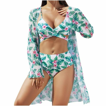 Jamicy Fashion Swimwear for Women Gift for Women Women s Printed 3 Pieces High Waist Bikini Set with Maxi Swimsuit Cover Up