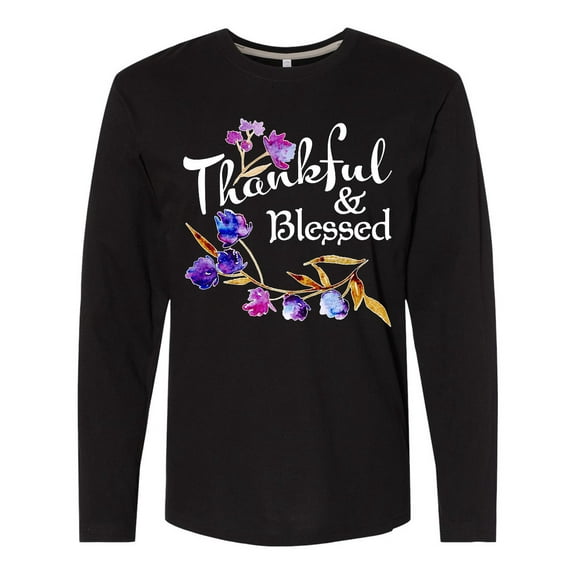 Inktastic Thankful and Blessed Inspirational Saying with Flowers Long Sleeve T-Shirt