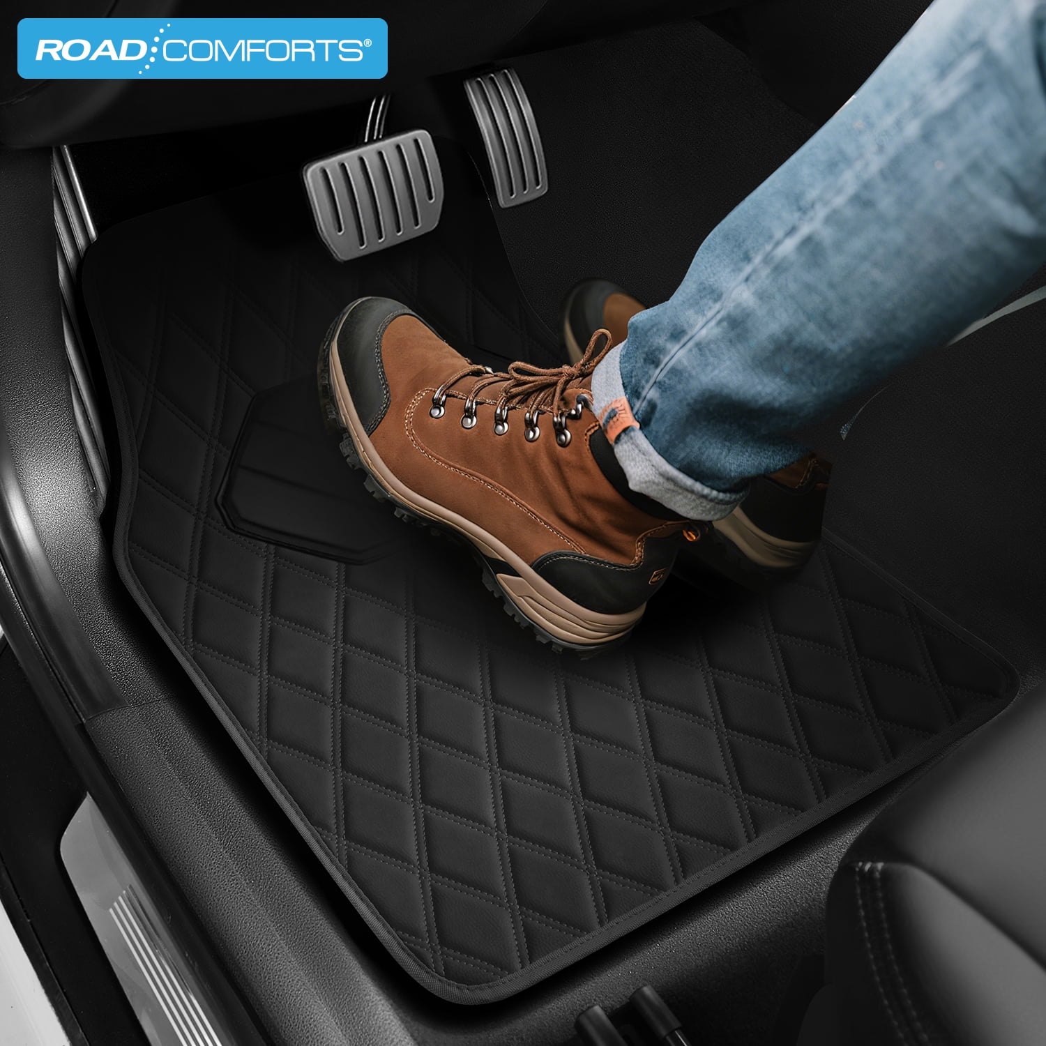 Road Comforts 4PC Leather Quilted Car Floor Mats, Stylish, Durable, Waterproof, Non-Slip, Full Coverage for Cars and SUVs Black