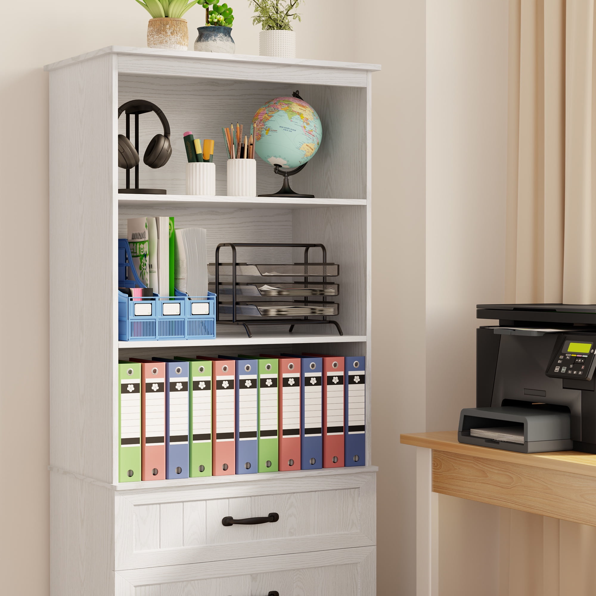 Asofer 69.7" Tall White Bookcase with 3 Drawers, Storage Cabinet for Office, Living Room, Bedroom
