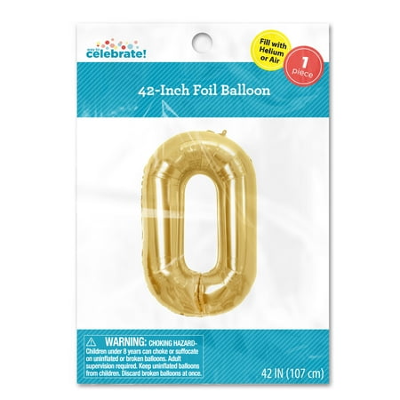 Way to Celebrate! 42" Gold Birthday Party Number Foil Balloon, Number 0 Balloon.