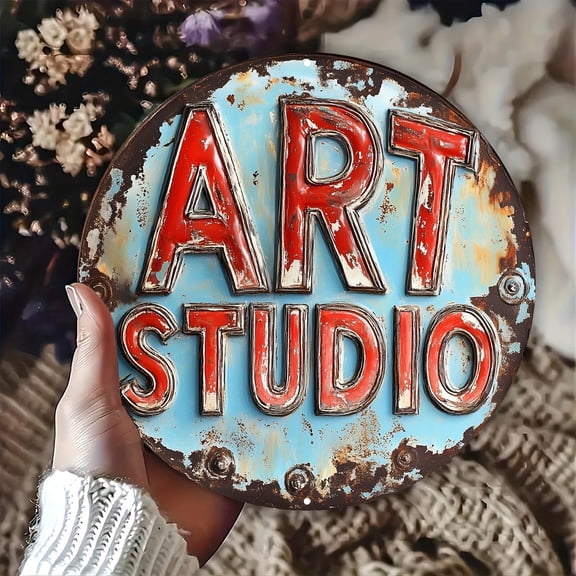 Room Decor 1pc Vintage Art Studio Metal Sign, Frameless Aluminum Wall Decor, 8x8 inches, Waterproof & Weather Resistant, with Pre-Drilled Holes for Easy Mounting, Living Room, Garage