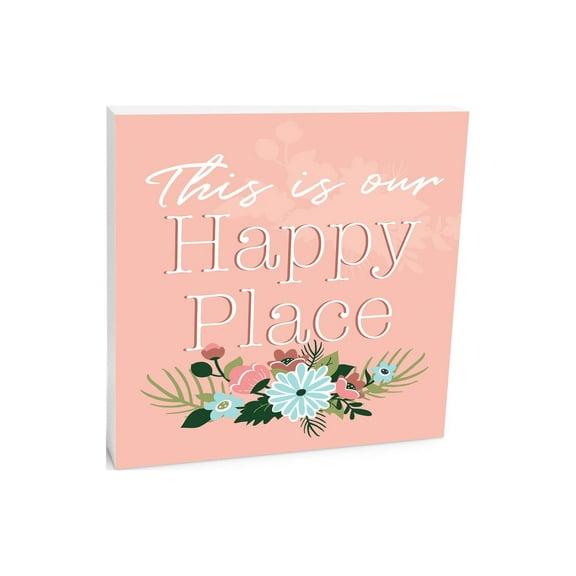 Our Happy Place Salmon Floral 10 x 10 Wood Tabletop Sign Plaque