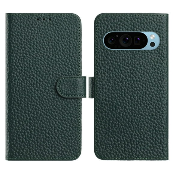 Genuine Leather Wallet Case for Google Pixel 10 Pro XL, Lychee Texture, with 3 Card Slots & 1 Cash Pocket, Kickstand Scratch-Proof Full Body Protection Phone Cover for Google Pixel 10 Pro XL, Green