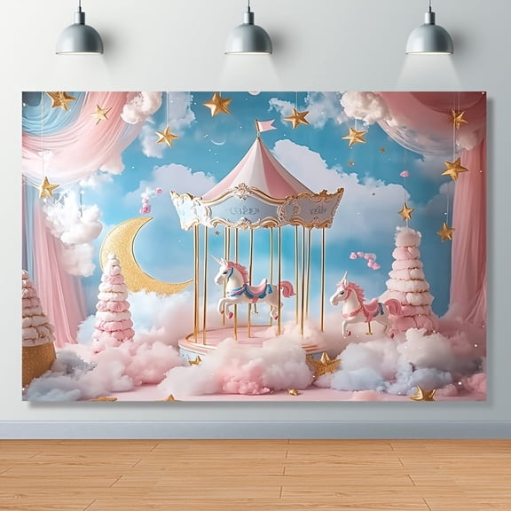Dreamy Pink Carousel Baby Shower Backdrop Pastel Pink Curtain Birthday Photography Background Blue Sky Golden Star Moon Newborn Shower Birthday Party Decorations Banner Photo Booth Props