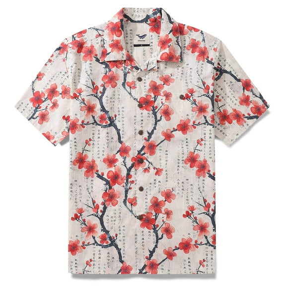 YIUME Hawaiian Shirt for Men Short Sleeve Button-up Poetic Plum Blossoms Summer Shirts