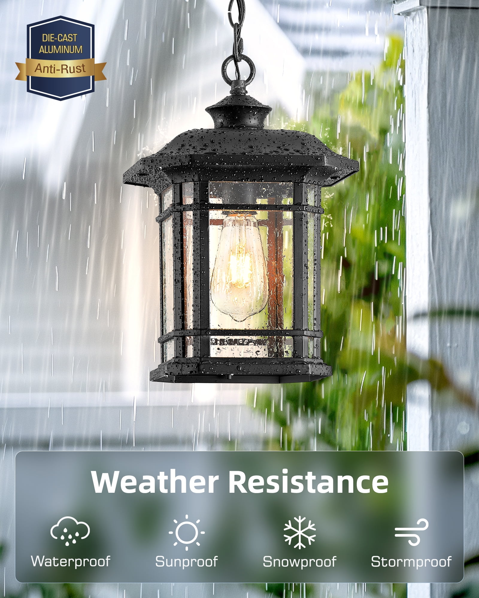 VIANIS Large Outdoor Pendant Light, Black Outdoor Chandelier Lantern, Anti-Rust Outdoor Hanging Lights, Porch Lights Outdoor Ceiling with Tempered Seed Glass for House