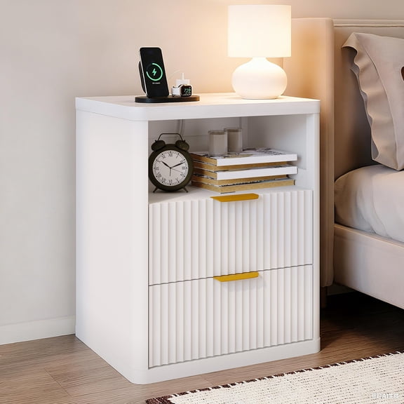 COZONY Fluted Nightstand Set of 1, Mid-Century Bedside Table with 2 Drawers, Charging Station, Wood End Table for Bedroom, Living Room,White