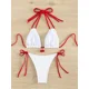 thumbnail image 3 of Conjunto traje baño sólido para mujer, 2 piezas, sexy, fruncido, con hebilla, sin tirantes, bandeau y tanga, 3 of 5