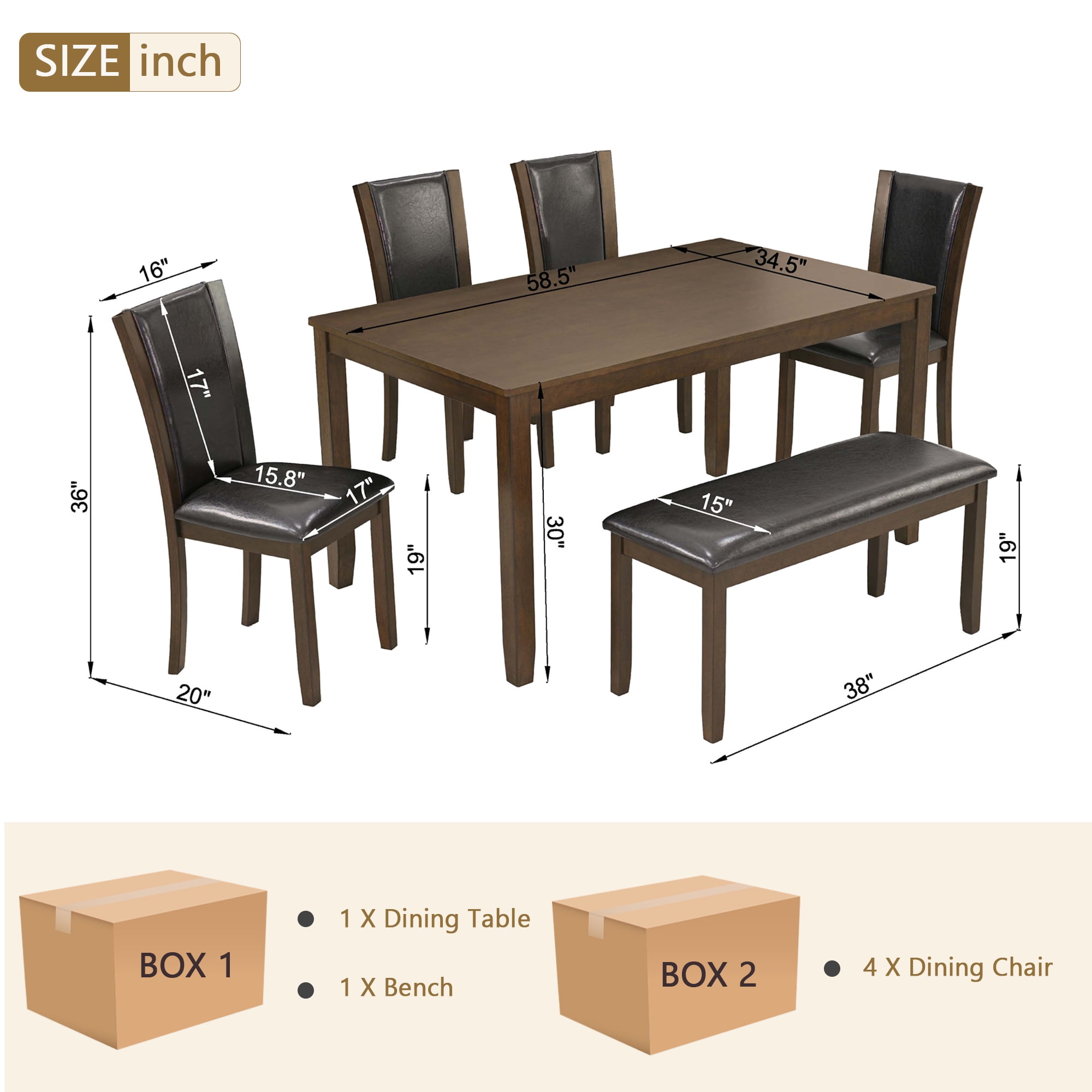 Leumius 6 Pieces Dining Table Set,Wood Dining Table Set with 4 Upholstered Leather Chairs and a Bench,Kitchen Dining Set for 6,Wooden Dining Furniture Sets for Kitchen, Dining Room,Dark Walnut