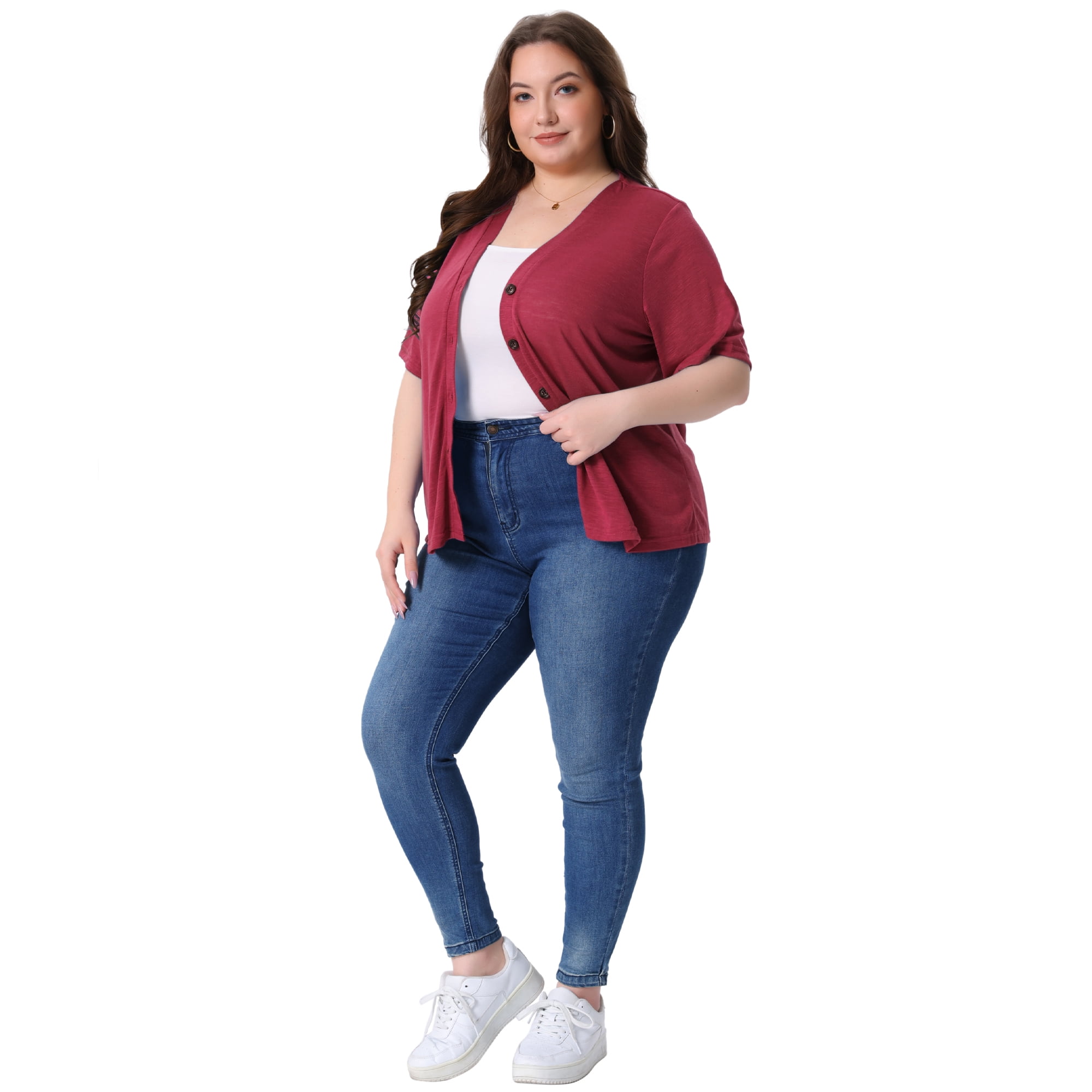 DARING DIVA Women's Plus Button Down Sheer Knitted Sweater 4X Burgundy