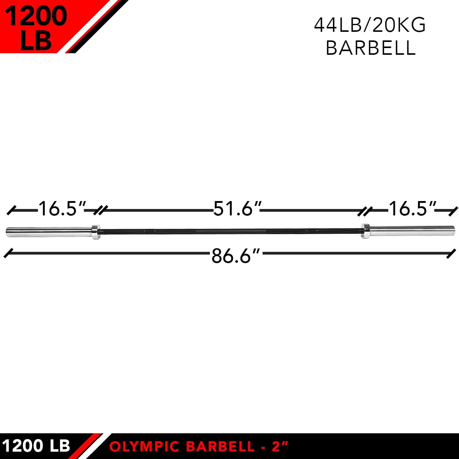 JFIT Olympic Barbell – 2”, 1200 LB Capacity, 7’