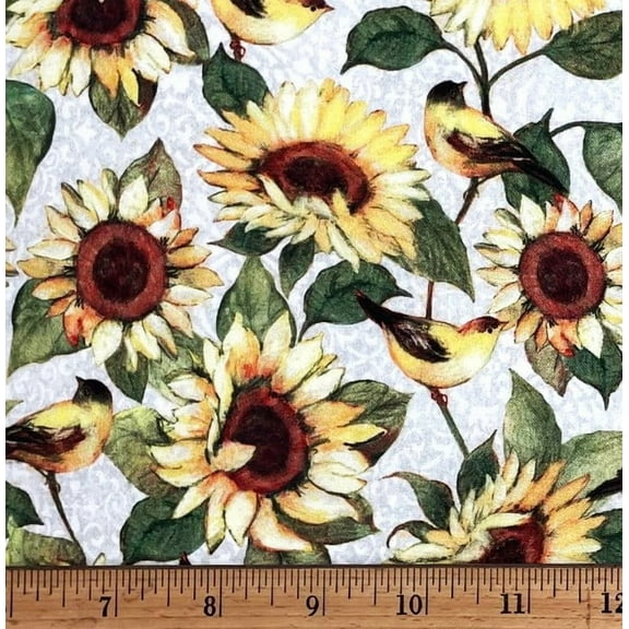 1 Fat Quarter - Goldfinch Birds & Sunflowers Flowers on Light Gray Cotton Fabric - 21" X 18"