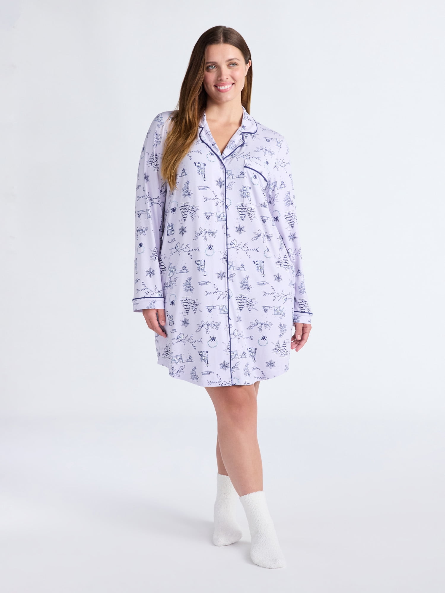 Joyspun Women's Dreamy Soft Collection Notch Collar Sleepshirt with Long Sleeves, Sizes S-4X