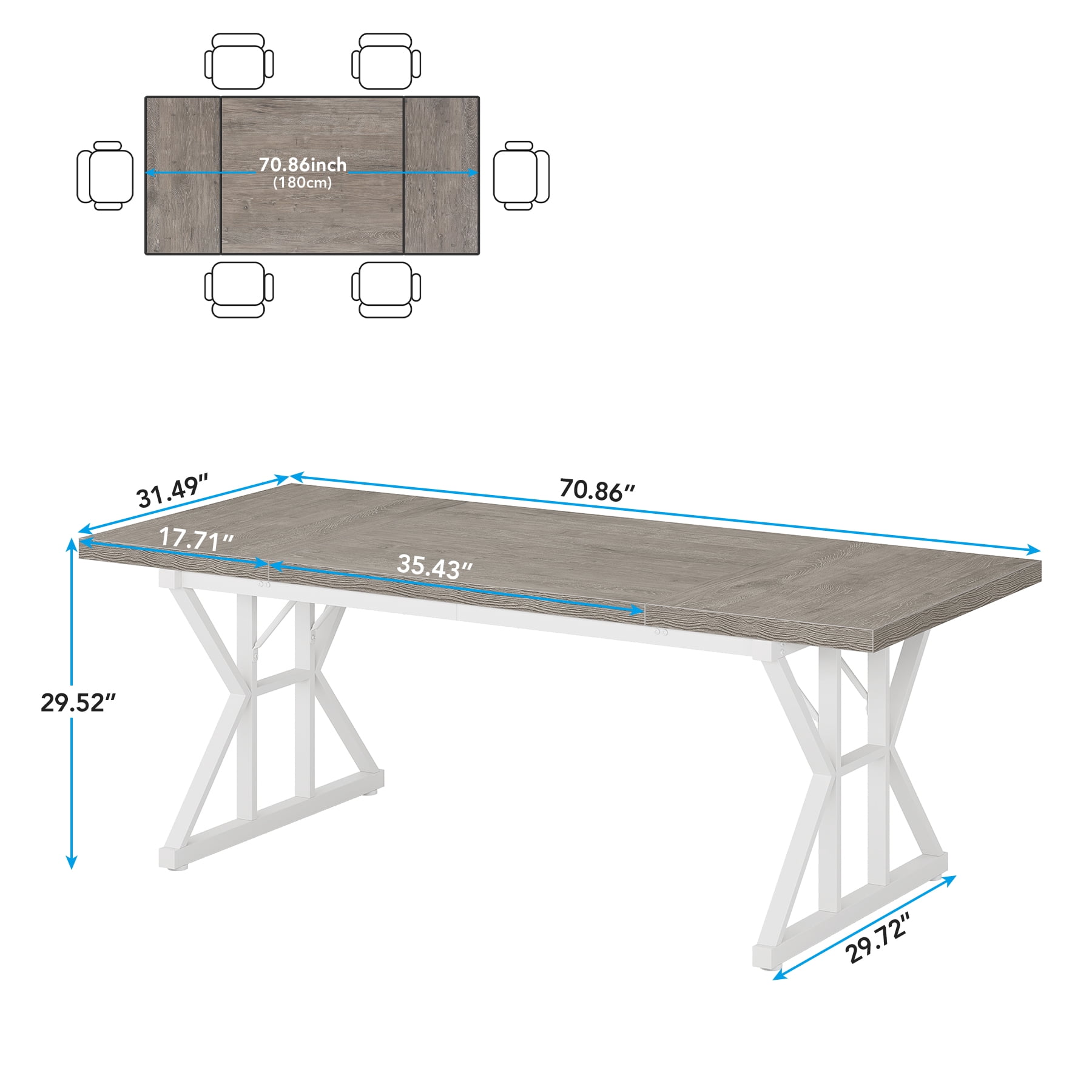 MAYEERTY 70.8" Farmhouse Dining Table for 6 People, Rectangular Wood Table with X-Shaped Metal Trestle Legs, Multi-Purpose Kitchen & Dining Room Furniture