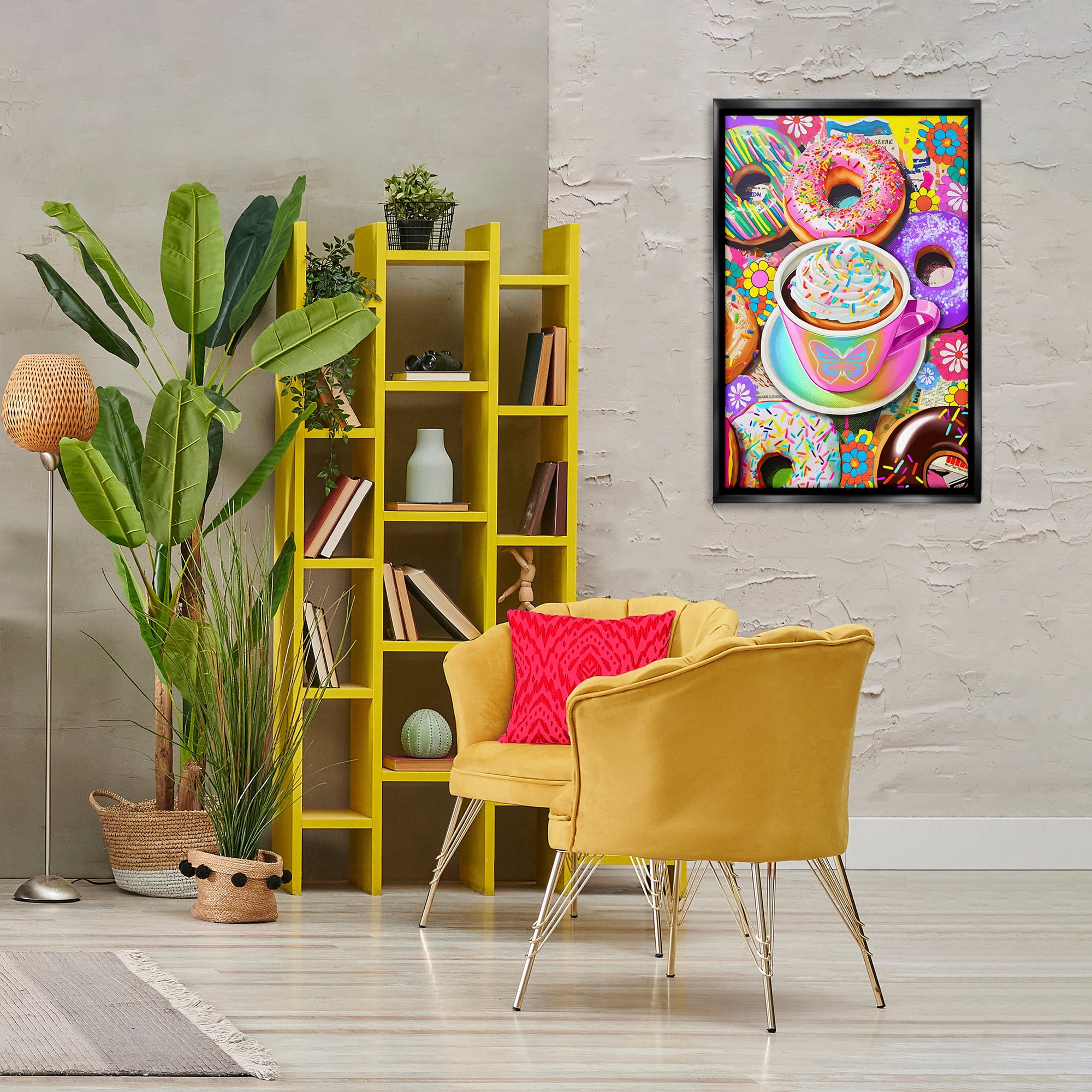 Stupell Industries Pastel Donuts & Coffee Mug Food & Beverage Painting Black Floater Framed Canvas Art Print Wall Art, 21 x 31