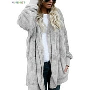 BadPiggies Plus Size Women Hooded Cardigans Fuzzy Fleece Winter Open Front Long Sleeve Solid Jacket Coats Outwear with Pockets (4XL, Gray)